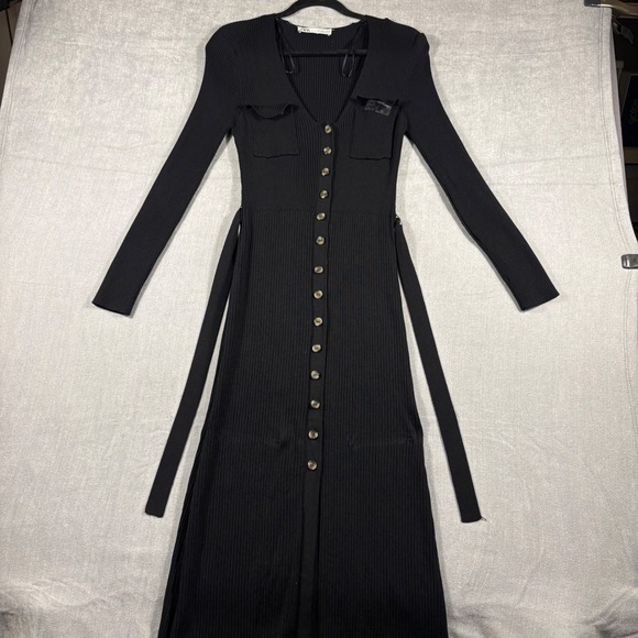 Zara Dresses & Skirts - Zara Womens Black Ribbed Knit Button Down Midi Dress Long Sleeve Size L